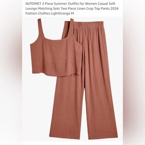 Women's Two-Piece Linen Crop Top and Pants Set - Light Orange